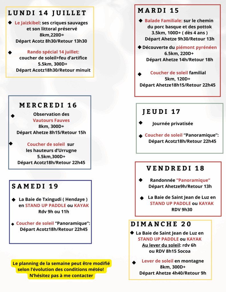 Planning 14 au 20 juillet 1 - Laeti'tes Balades Pays Basque