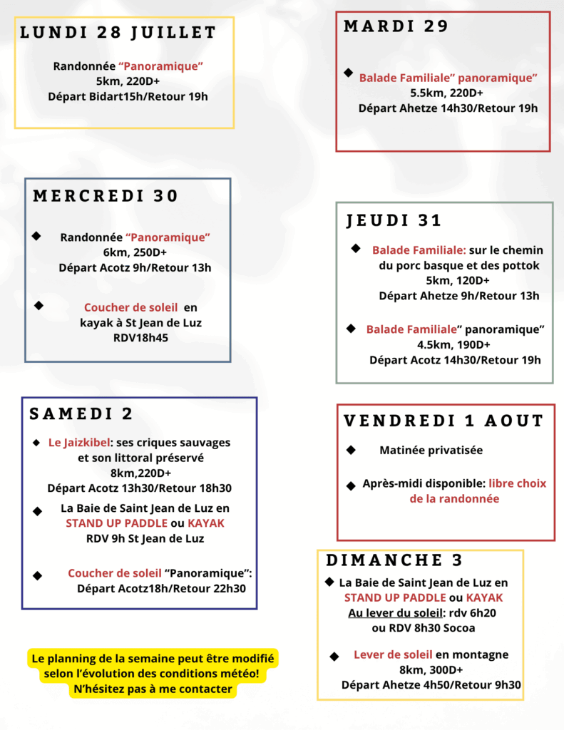 Planning 28 juillet au 3 aout 1 - Laeti'tes Balades Pays Basque