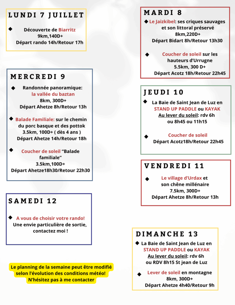 Planning 7 au 13 juillet site 1 - Laeti'tes Balades Pays Basque